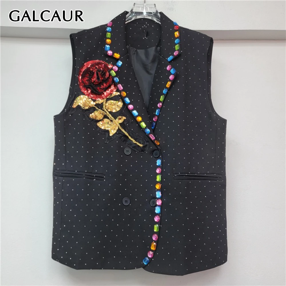 

GALCAUR Black Spliced Sequins Flowers Jacket Female Lapel Sleeveless Slimming Casual Basics Women's Jackets Style Fashion New