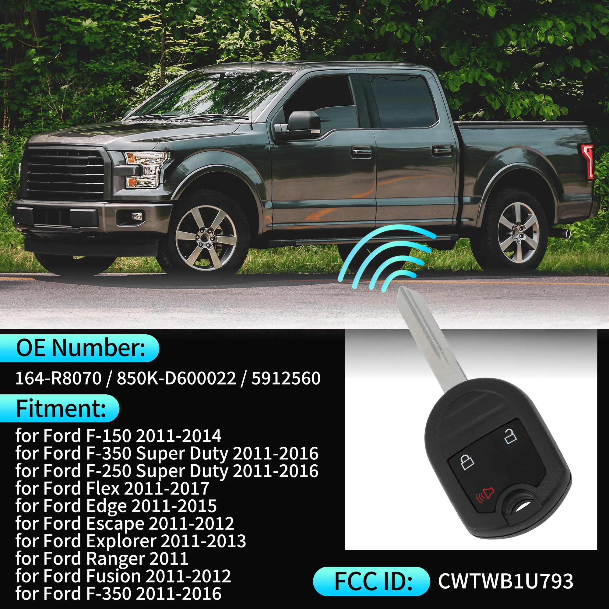 UXCELL CWTWB1U793 315MHz Keyless Entry Remote Smart Key Fob for Ford F-150 F-250 F-350