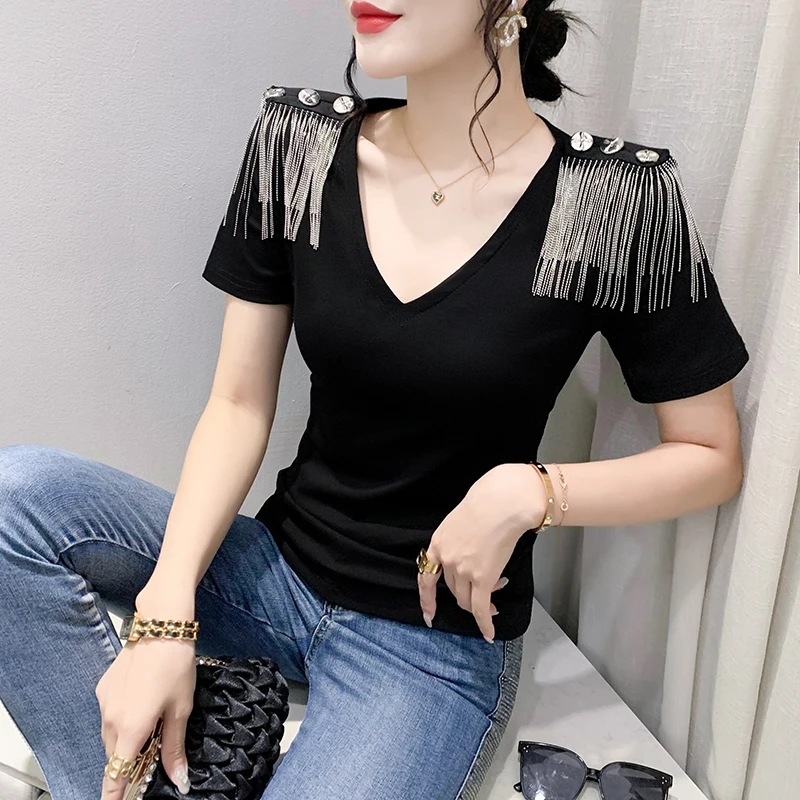 2023 New Summer European Clothes Cotton T-Shirt Women Chic Sexy V-Neck Double Epaulet Tassels Tops Short Sleeve Slim Tees 35029