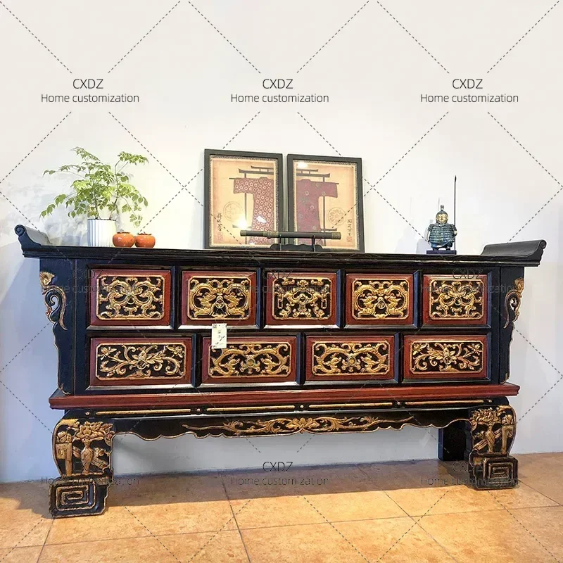 Ming Qing Style Antique Solid Wood Carved Elm Console Table Retro Chinese Porch Storage Desk Entryway Hallway Furniture