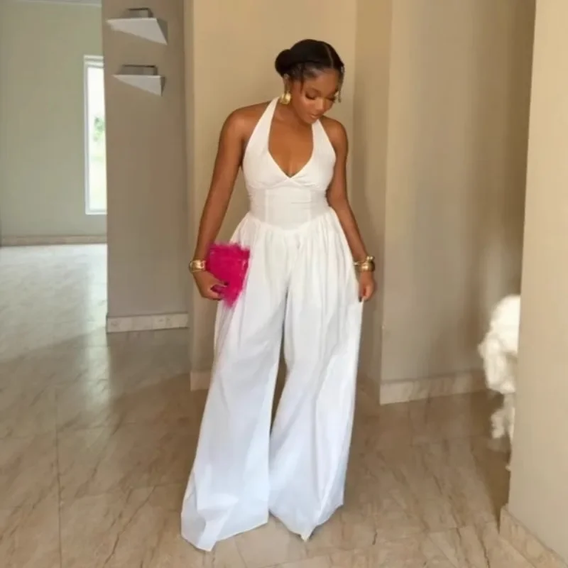เซ็กซี่ Halter Backless กางเกงขากว้าง Jumpsuits ผู้หญิงลึก V คอลําลองหลวม Overalls ฤดูร้อน Rompers