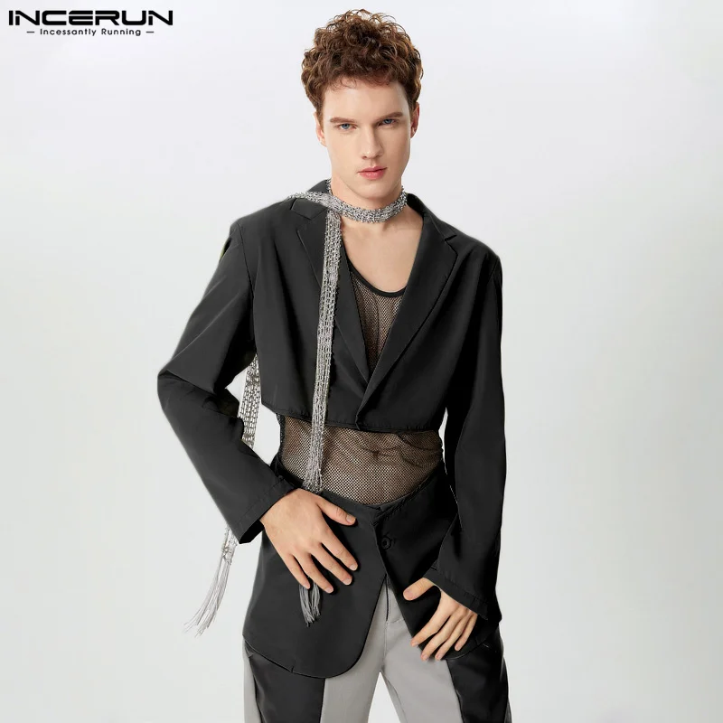 INCERUN Men Blazer Solid Color Hollow Out Lapel Long Sleeve Button Casual Irregular Suits Men Streetwear 2024 Fashion Male Coats