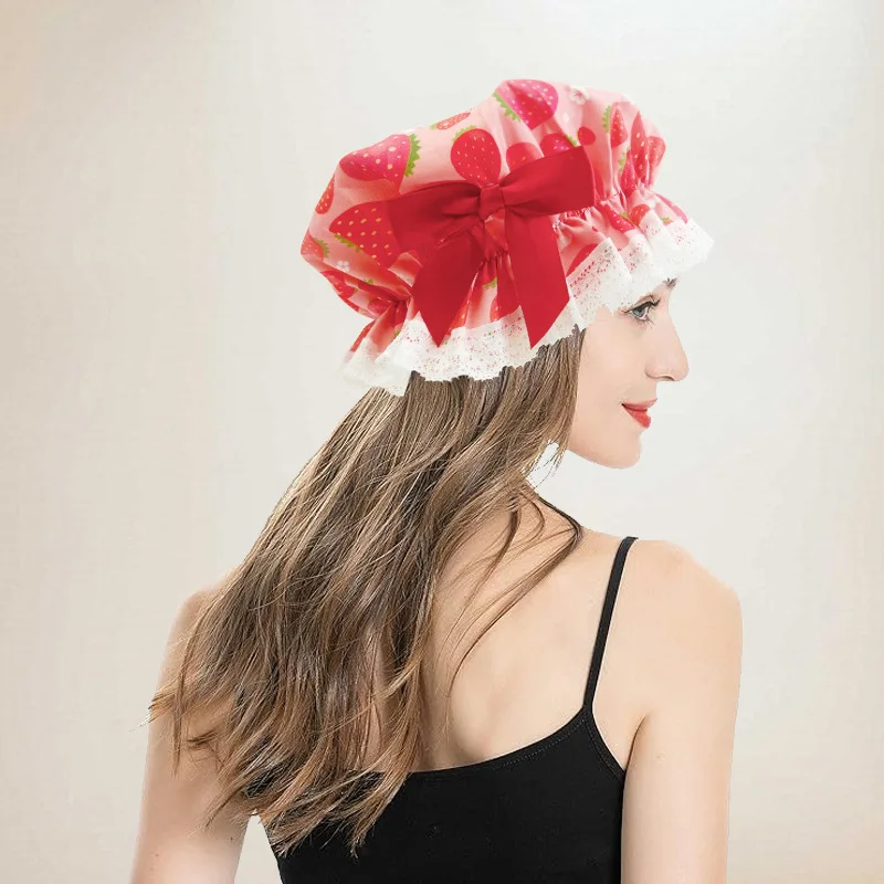 Sweet Strawberry Print Sleep Cap with Lace Trim and Bow Princess Style Hair Cover for Home Beauty and Dust Protection