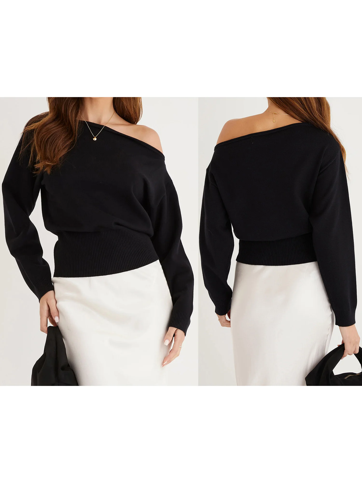 

Women s Knit Sweater Long Sleeve Off Shoulder Solid Color Loose Fit Pullover Jumper Top with Ribbed Hem and Cuffs