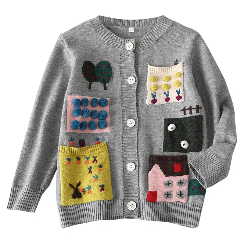 HoneyCherry Spring and Autumn New Boys and Girls Embroidered Cardigan Fashion Gray Knitted Cardigan Sweater