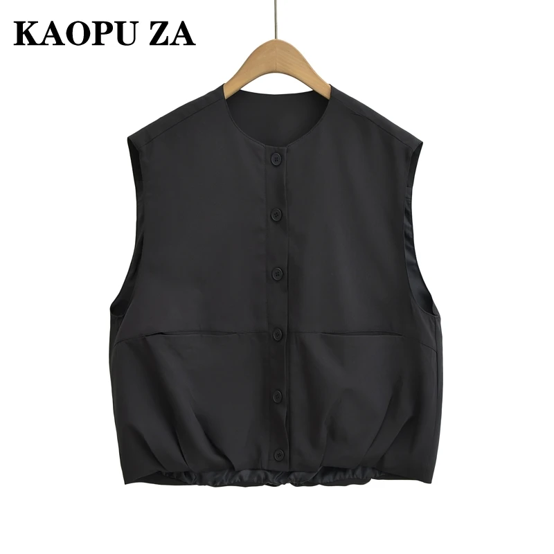 

KAOPU ZA 2024 Autumn Woman Casual V-Collar Sleeveless Gilet Vest Female Vintage Single-breasted Solid Color Ruffles Pockets Top