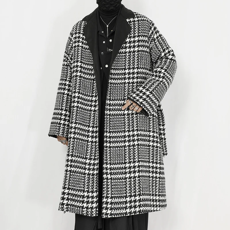 Winter new woolen coat, men's long coat, oversized silhouette, black and white plaid loose woolen coat