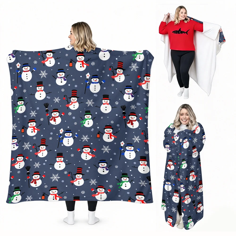 1PC Navy Blue Snowman Print Wearable Blanket-Soft and comfortable for both men and women. Perfect for Christmas decorations, win