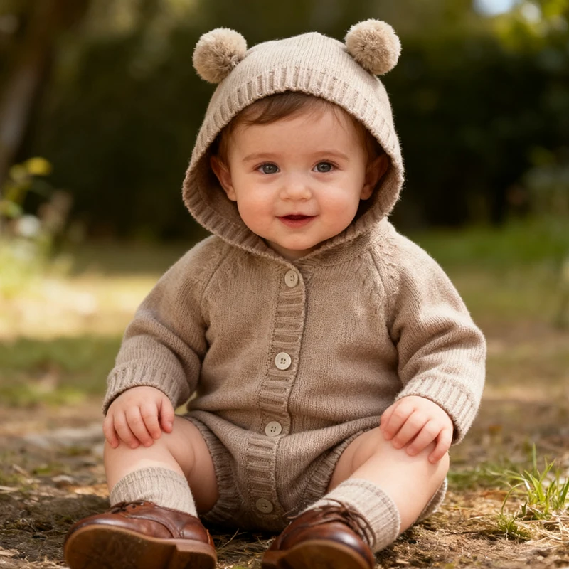 ربيع جديد 2026 ملابس الأطفال المحبوكة الرضع طفل الفتيات محبوك بذلة بلون مقنعين طفل رضيع الفتيان فتاة رومبير