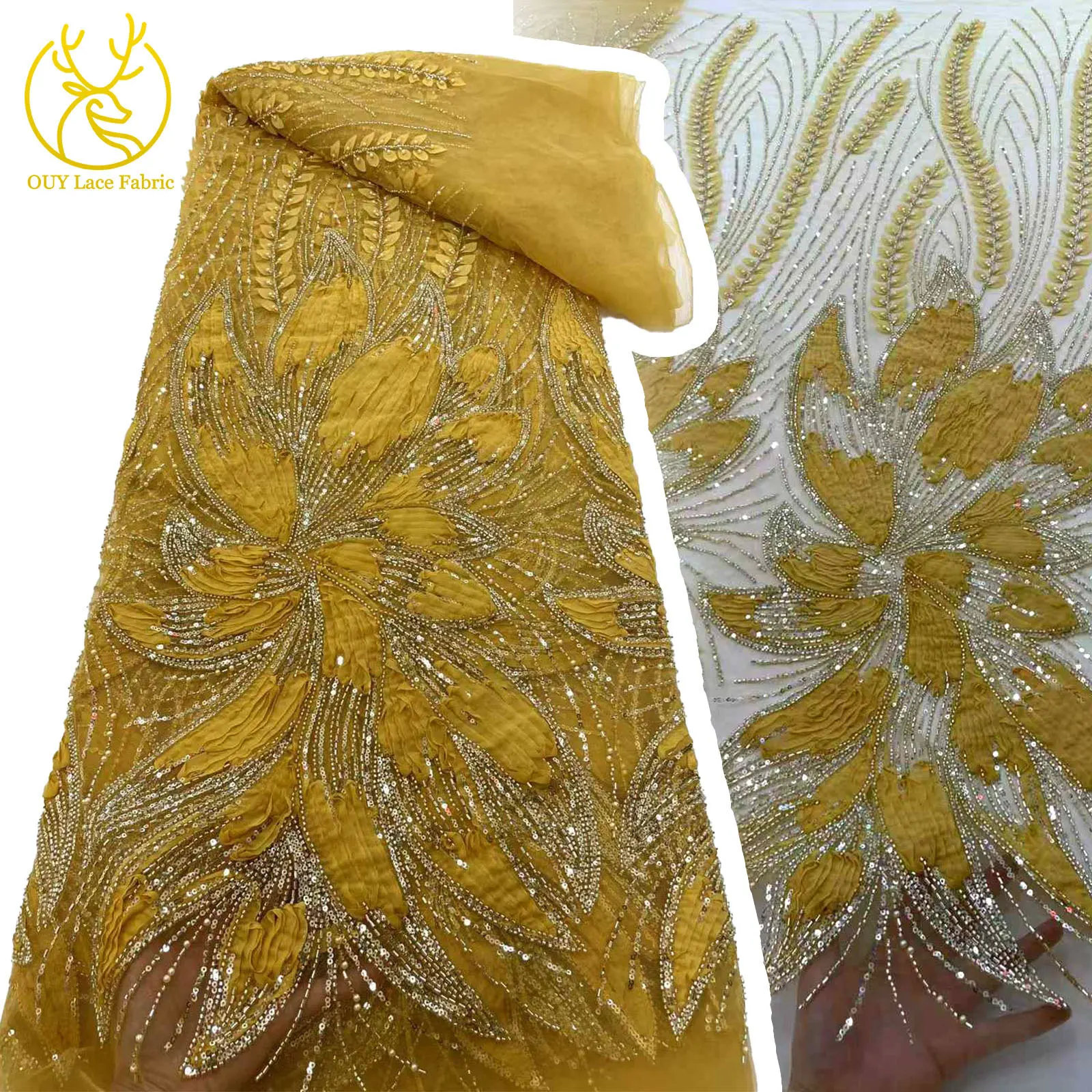 

2025 Latest Luxury African Beaded Lace Fabric High Quality French sequin sheer lace fabric Bridal Wedding Party Dress Sewing