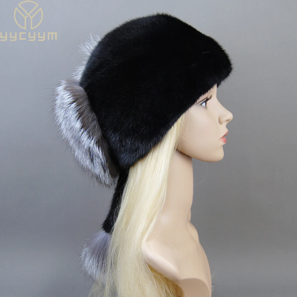 Women Winter Real Mink Fur Hats Russian Female Fur Hat With Ears Knit Beanie With Pom Poms Newsboy Caps Ladies High Elastic Hat