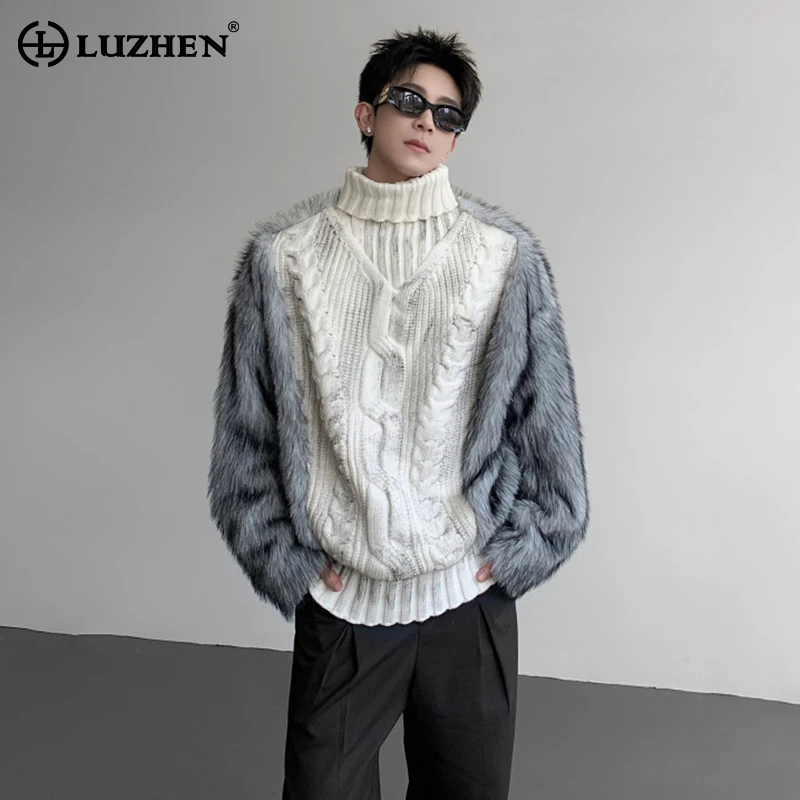 

LUZHEN 2025 зимний оригинальный высококачественный меховой лоскутный дизайн водолазка вязаный пуловер мужская мода красивый свитер JY5116