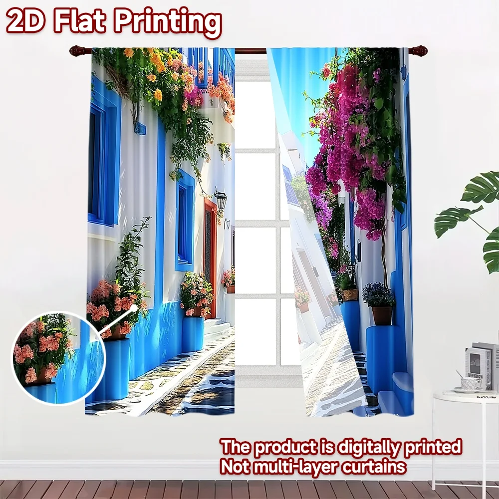 2D flat 2pcs Curtain Vintage drapes Curtains Blue White Flower Alley Durable polyester fiber Festive Wall Decor Use for Holiday