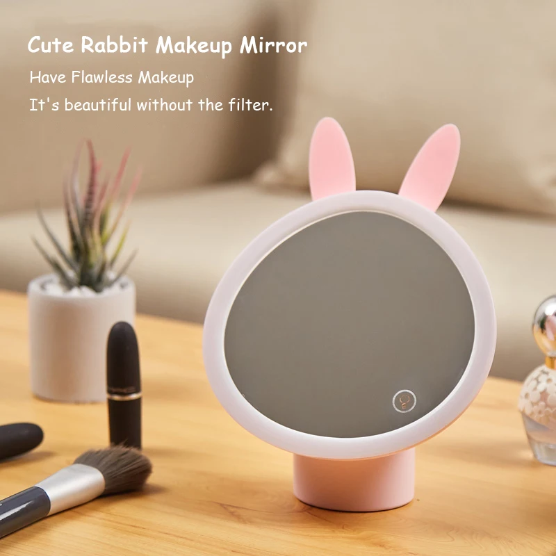 Colorful Life Cute Rabbit Makeup Mirror with Lamp LED Fill Light Touch Screen Three Color Regulation Holiday Gift