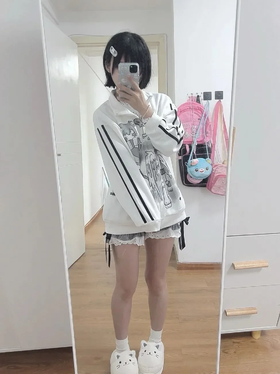 Kawaii أنيمي نمط زمم سترة المرأة الخريف الشتاء الوقوف طوق هوديي مع شريط كم فضفاض صالح الرسم طباعة معطف غير رسمي