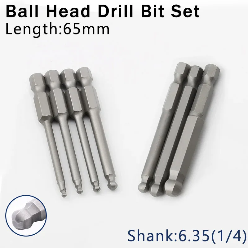 7/10Pcs Ball End Hex Screwdriver Bit 1/4\'\' Hex Shank 65mm Magnetic Wrench Socket H8/H6/H5/H4/H3/H2.5/H2