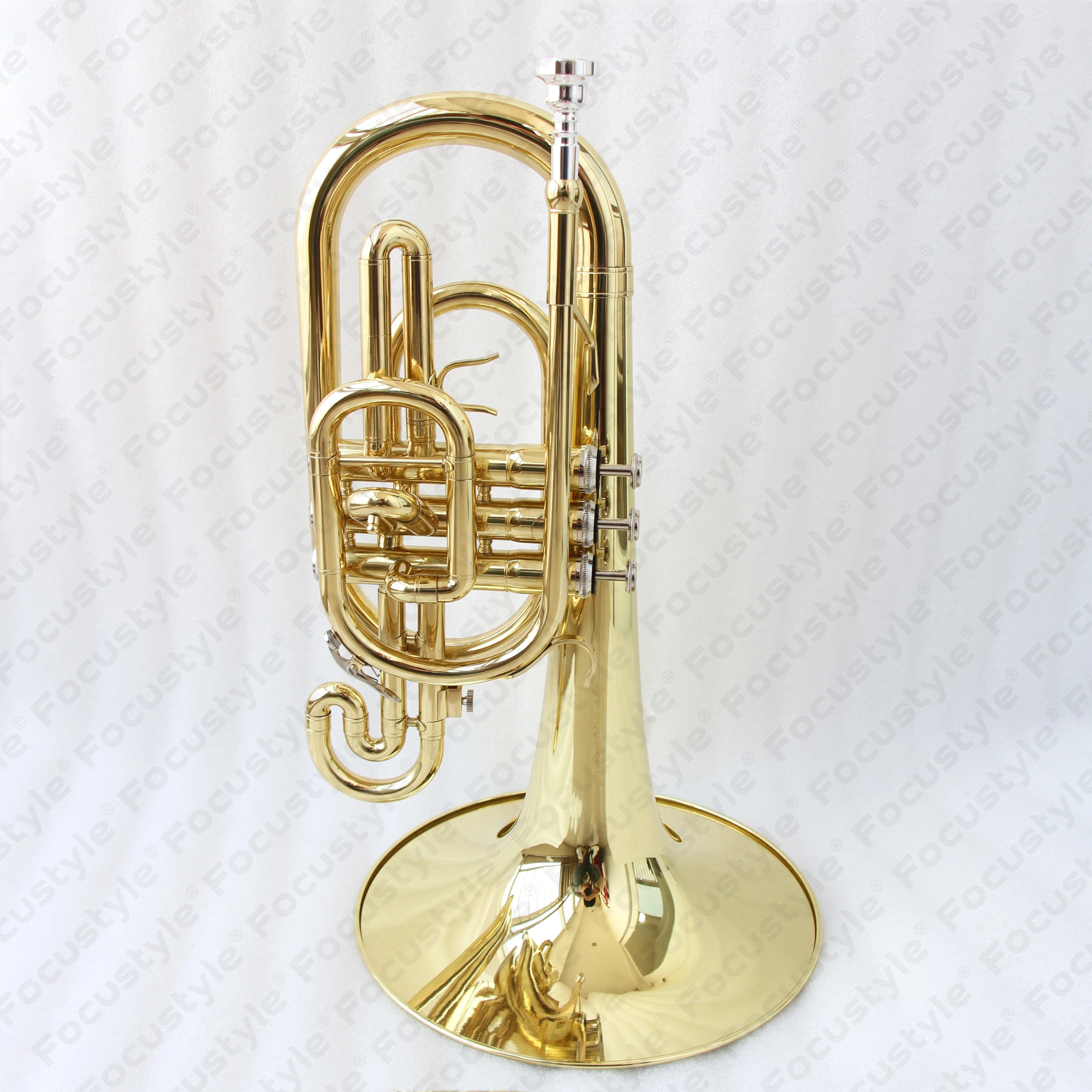 Professional brass instrument Brass body Cupronickel valve gold lacquered marching mellophone for sale