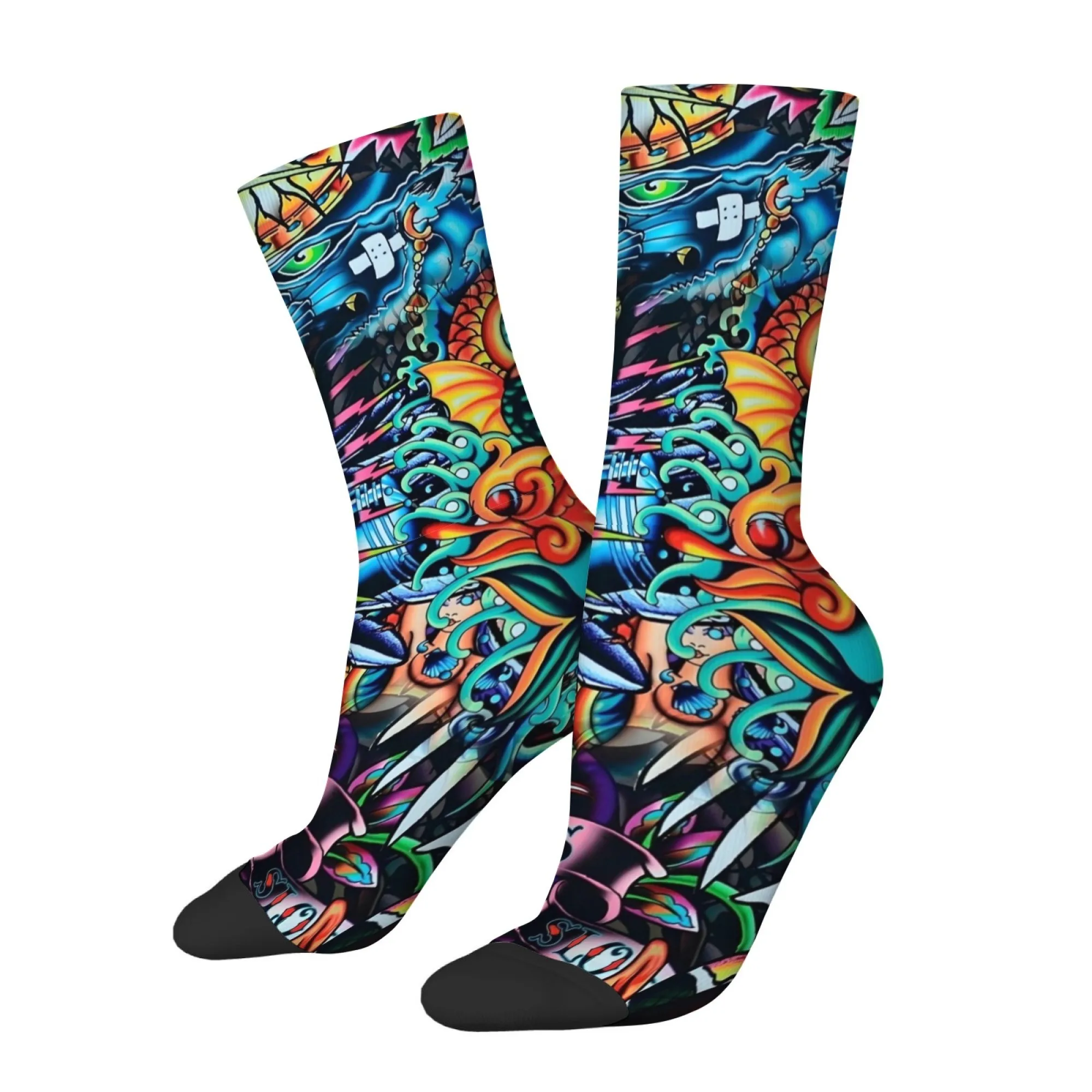Retro-style Harajuku Cartoon Men Print Socks Soft and Comfortable Socks for Street Hiphop Outdoor and Skateboarding Socks