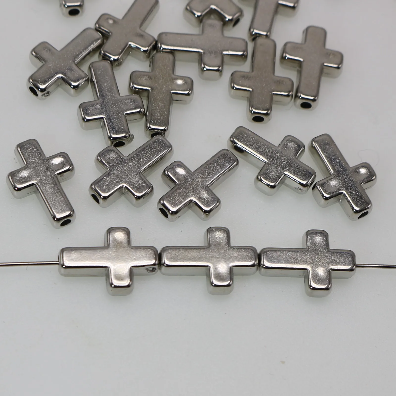 200  Silver Colour Tone Metallic Acrylic Smooth Cross Beads 13X9mm