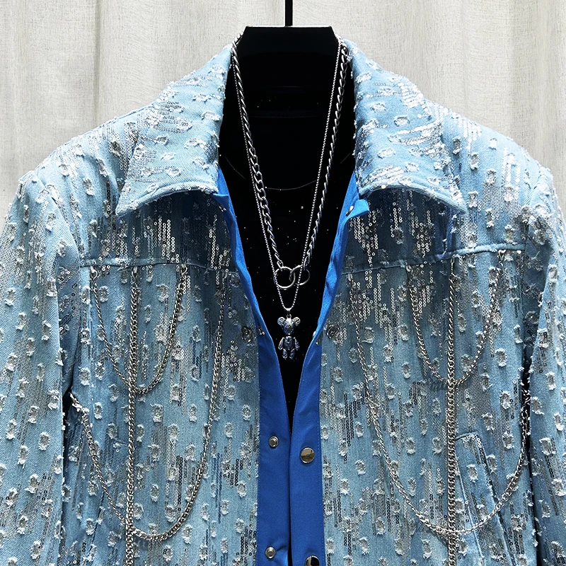 2024 Autumn New Sequined Chain Lapel High Street Short Jackets Men's Trendy Hole Loose Denim Jacket Male Long Sleeve Denim Coats