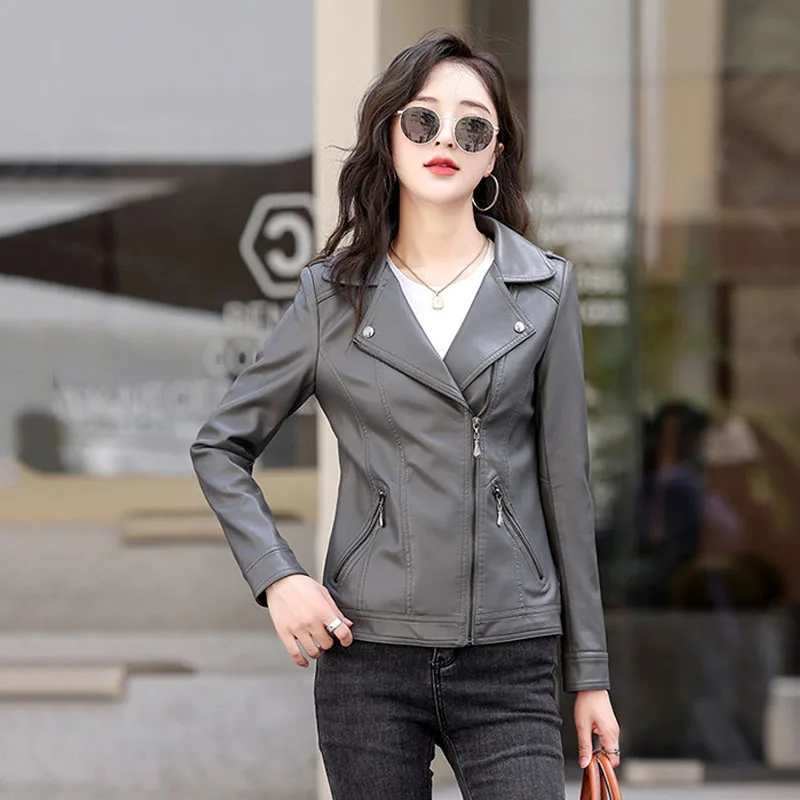 جديد إمرأة كلاسيكي معطف جلد ربيع الخريف 2025 بدلة على الموضة طوق سليم قصير جلد الغنم ملابس خارجية السائق سترة جلدية الإناث