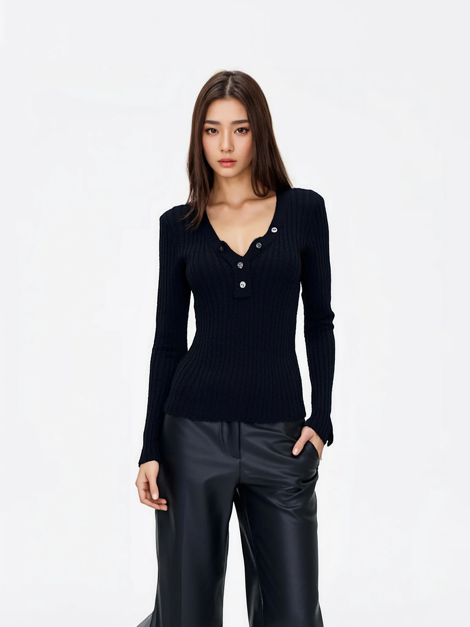 

Тонкий трикотажный топ с V-образным вырезом и длинными рукавами, облегающий крой, базовый слой, из смесовой шерсти, с пуговицами, для повседневной носки