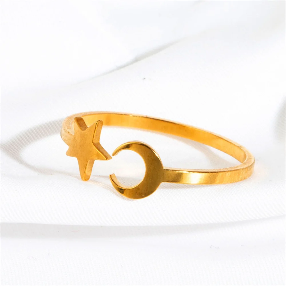 Wency Korean Moon Star Stainless Steel Rings for Women Gold Color Minimalist Open Finger Ring Sweet Party Jewelry Gift Wholesale