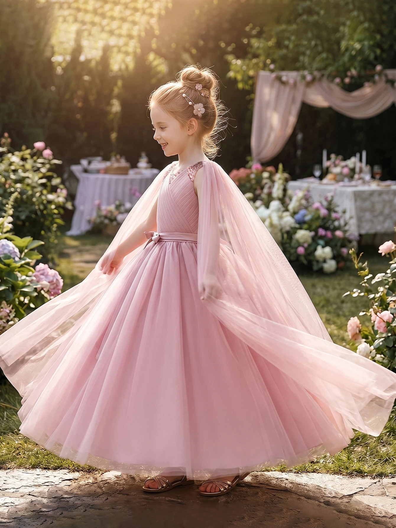 Prom Dress for 10 Year Old, Elegant Long Pink Gauze Dress for Tween Girl, Suitable Flower Girl Birthday Party Bridesmaid Dress