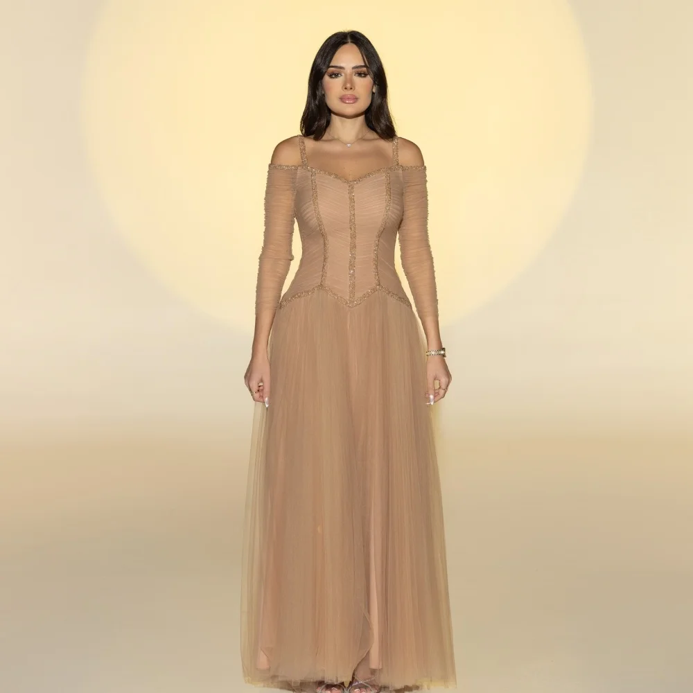 

Customized Intricate Sparkle Tulle Pleat Beading Sequined A-line Off-the-shoulder Long Dresses Evening Dresses for Woman Retro