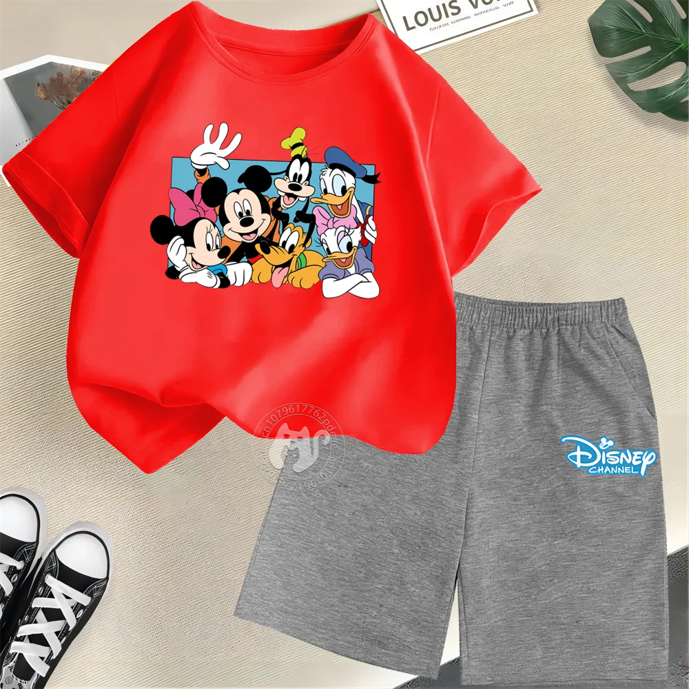 

Kids Disney Mickey Pluto Pattern Printed 100% cotton crewneck T-shirt + Shorts Summer short sleeve casual suit for boys and girl