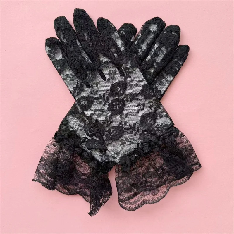 Weibliche dünne sexy schiere florale Spitzenhandschuhe Vollfinger-Fäustlinge Lolita-Kleid Vintage-Handschuhe Brautkleid-Accessoires Weiß Schwarz