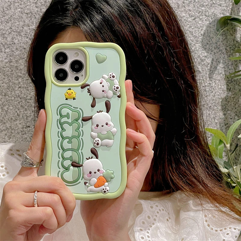 3D Pochacco Cartoon Phone Case For iPhone 16 Pro Max 14 13 12 11 So Cute Wave Side Soft Silicone Kawii Cover Fundas