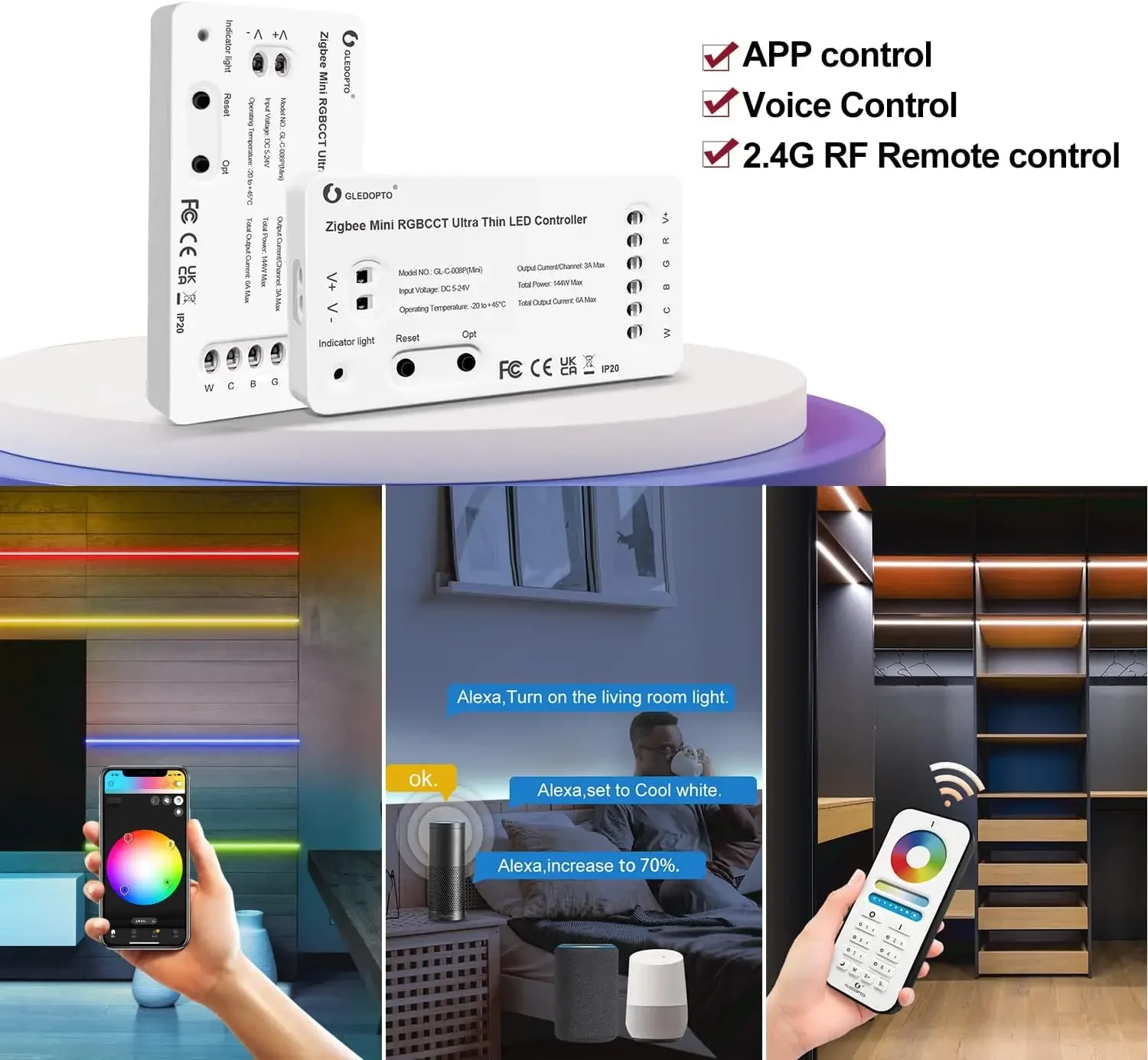 GLEDOPTO ZigBee 3.0  Mini LED Controller Pro Ultra Thin Design Smart Phone App Voice Control 2.4G RF Remote Control