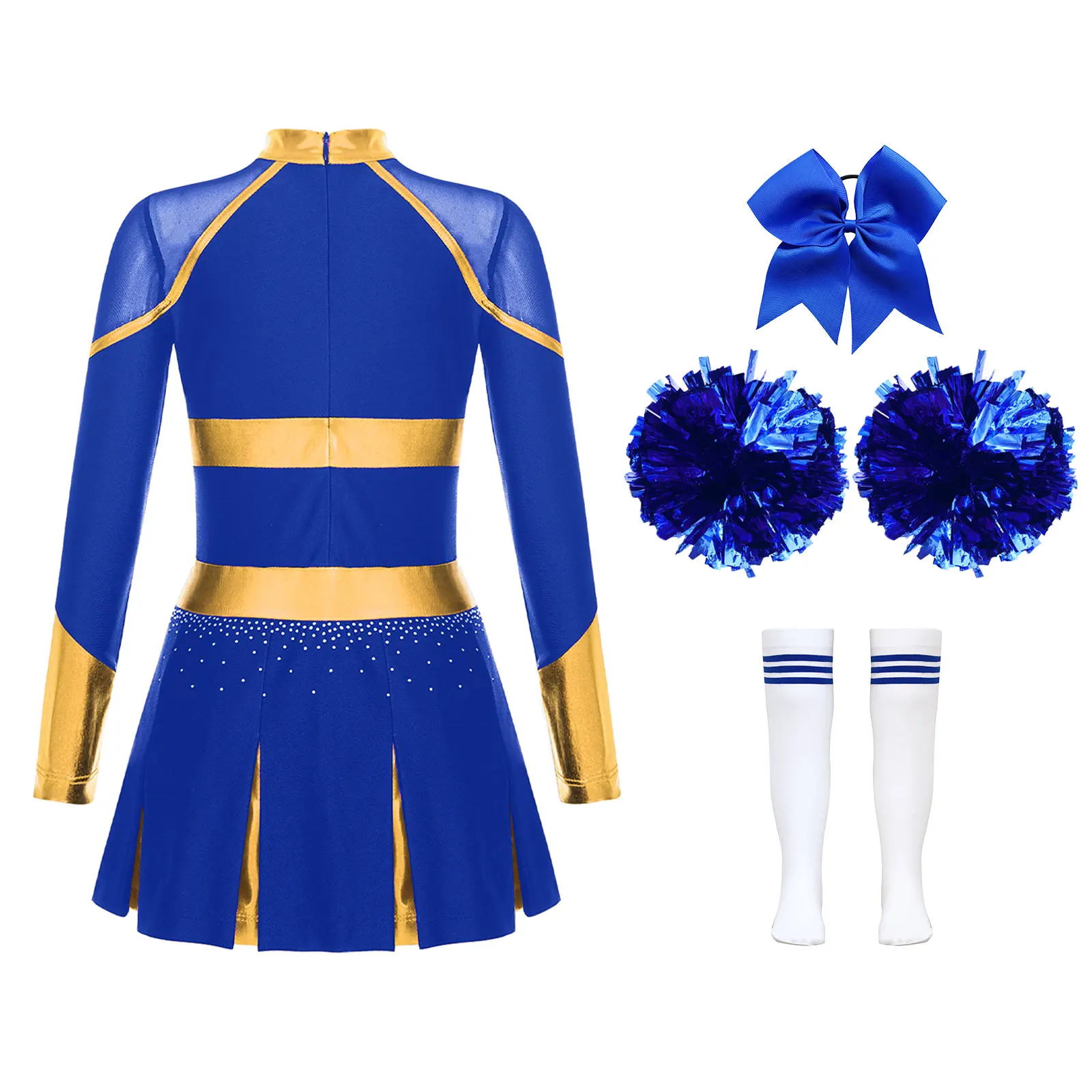 Kids Girls Cheer Leader Costume Sports Cheerleading Dress Metallic Cheer Up Dance Uniform with Bow Headband Stockings Dress Up