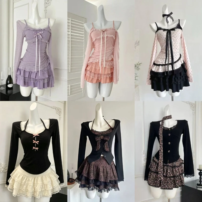 Koreanische Sexy Mode Elegante 2-teiliges Set Frauen Bogen Spitze Tops + Slim Fit Chic Kleid Abend Party Süße Casual anzüge Neue 2025 Sommer