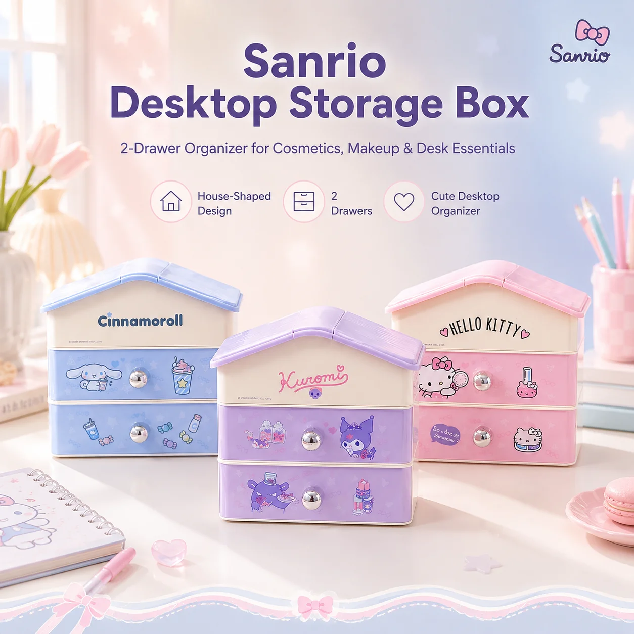 Sanrio Hello Kitty Cinnamoroll Kuromi Große Kapazität Desktop-Aufbewahrungsbox Schubladen-Organizer Kosmetik-Aufbewahrungsbox Mädchen-Geschenk
