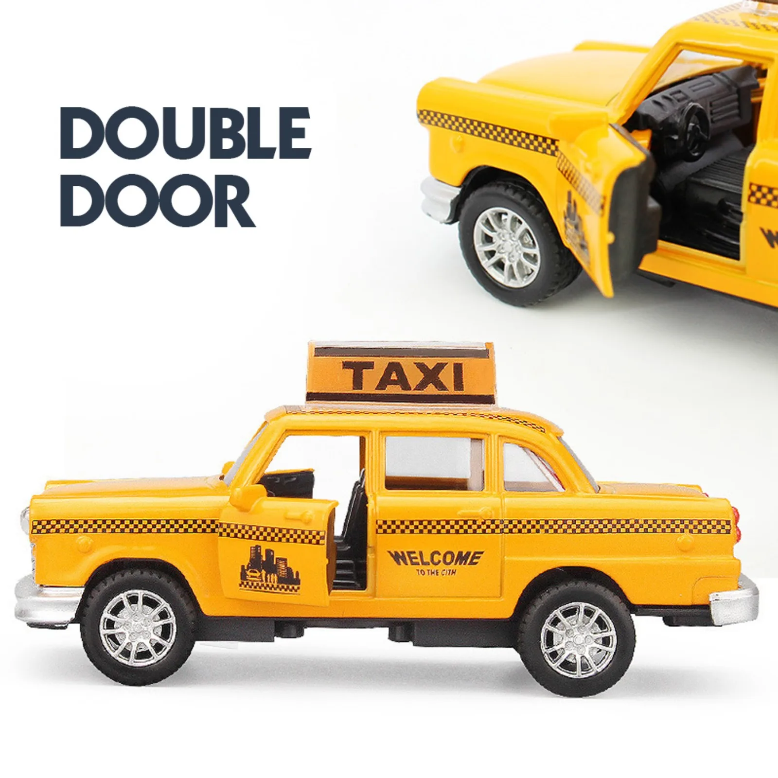 1:32 Taxi-Modellauto aus Druckgusslegierung mit Licht und Ton, gelbes Kabinenspielzeug zurückziehbar, Doppeltür, Sammlergeschenk für Kinder, Jungen und Mädchen
