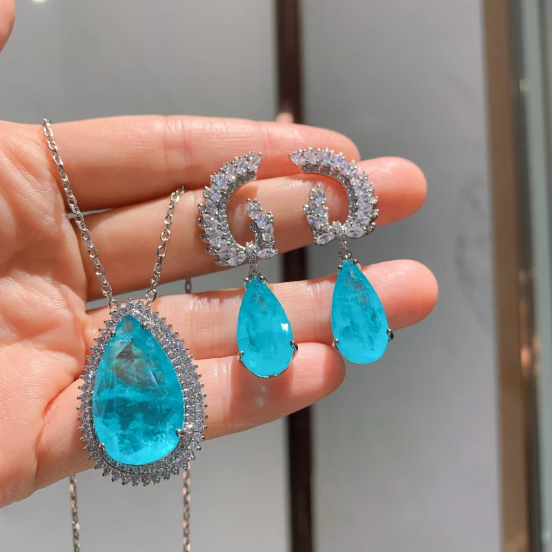 

New European and American style fashion Tanzanite aquamarine pendant necklace and earring jewelry set15*25