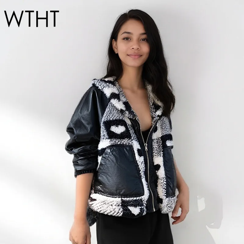 

WTHT New Trendy Women PU Leather Spliced Plush Quilted Hooded Jacket 2025 Winter Fashion Long Sleeve Zipper Coat Female 1LS2709