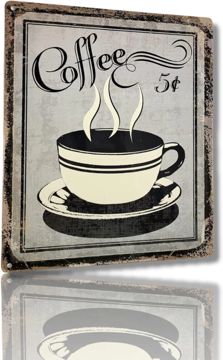 Vintage Wall Decor w/ Coffee Design, Retro 12 x 9 'Coffee for 5 Cents' Metal Sign, Vintage Tin Signs for Coffee Lovers