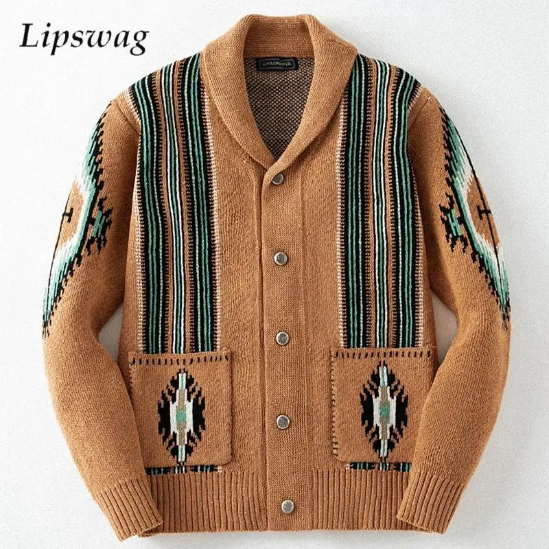 

Vintage Buttoned Lapel Sweater Mens Jackets Autumn Winter Warm Thick Knitting Coats For Men Fashion Crochet Knitted Sweatercoats