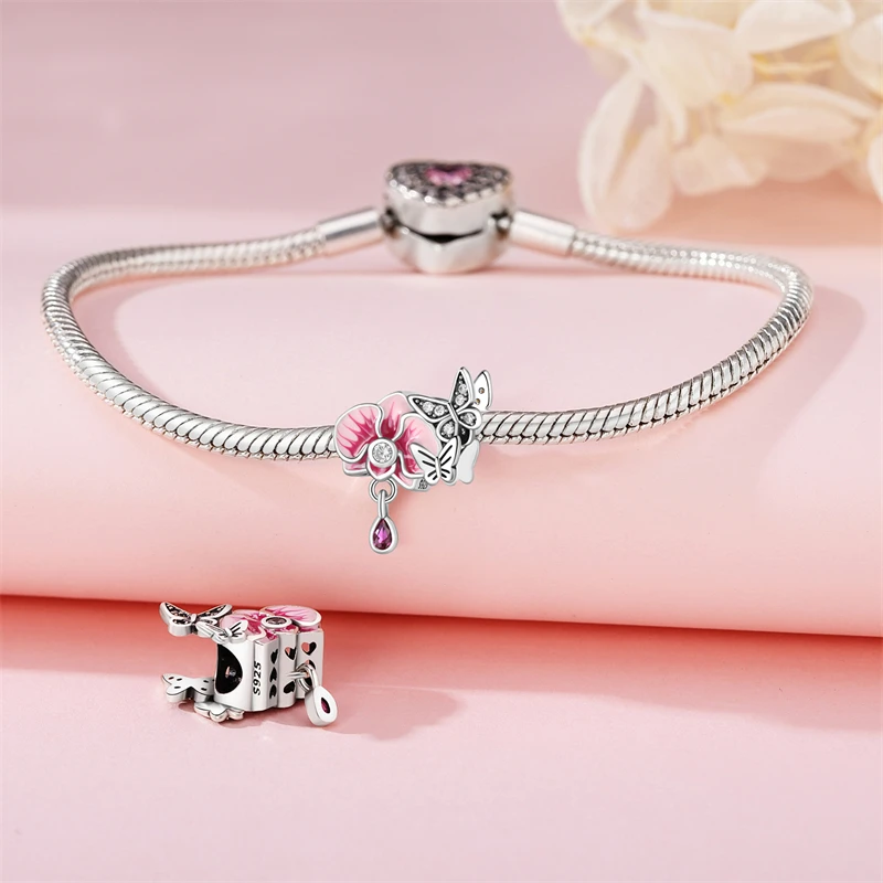 New Real 925 Sterling Silver Flower Shape Pink Charm Beads Fit Original Pandora Bracelet Women Wedding Birthday DIY Jewelry