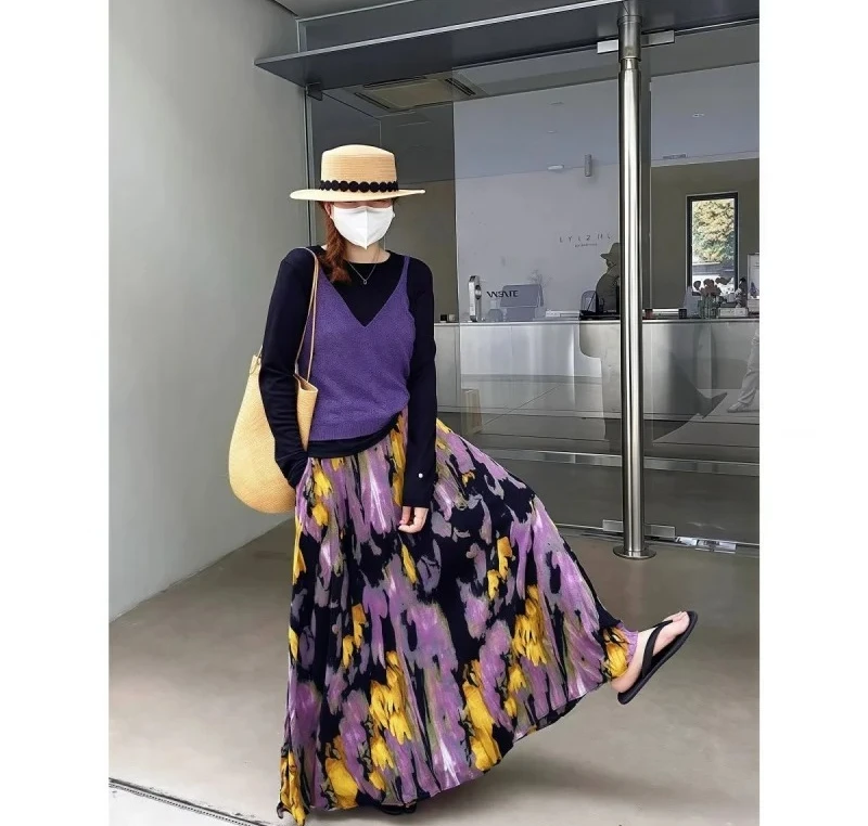 Falda larga plisada avanzada con franjas de carne Retro, falda larga estampada adelgazante de nueva moda