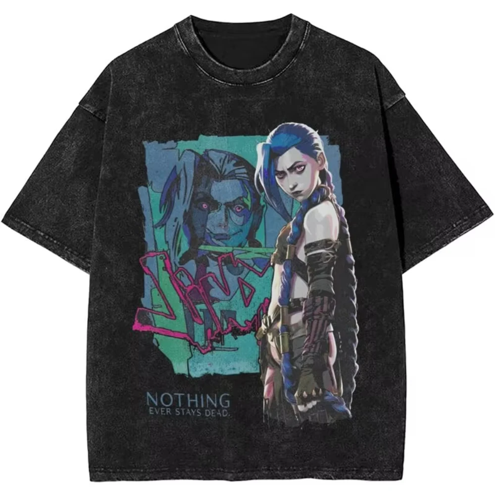 2025 Hot Anime Arcane Jinx T Shirt Washed Cotton T-Shirt Men Women Tops Oversized Streetwear Summer Tops Tees Clothing Fans Gift