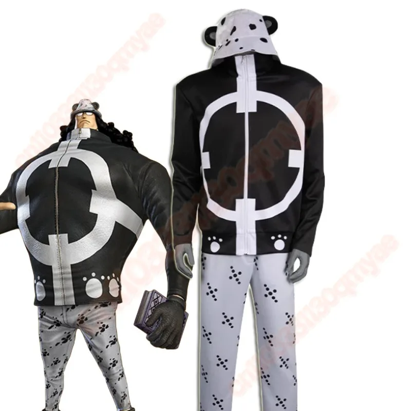 

Bartholomew Kuma Coslay Costume Black Outfit with Bear Claw White Pant Hat Carnival Halloween Fancy Tyrant Bear Set for Man