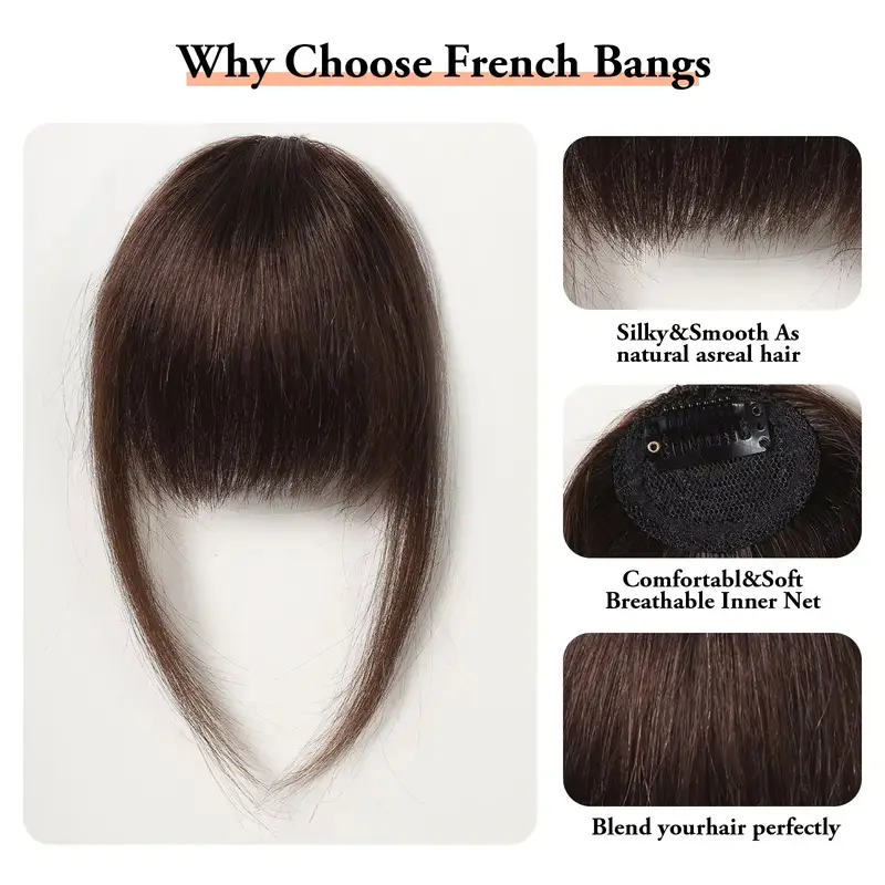 100% Human Hair Bangs Natural Brown Wispy Bang Hair Clip in Bangs Fringe with Temples Hairpiece for Women Clip on Air Bang 4.5in - Image 3