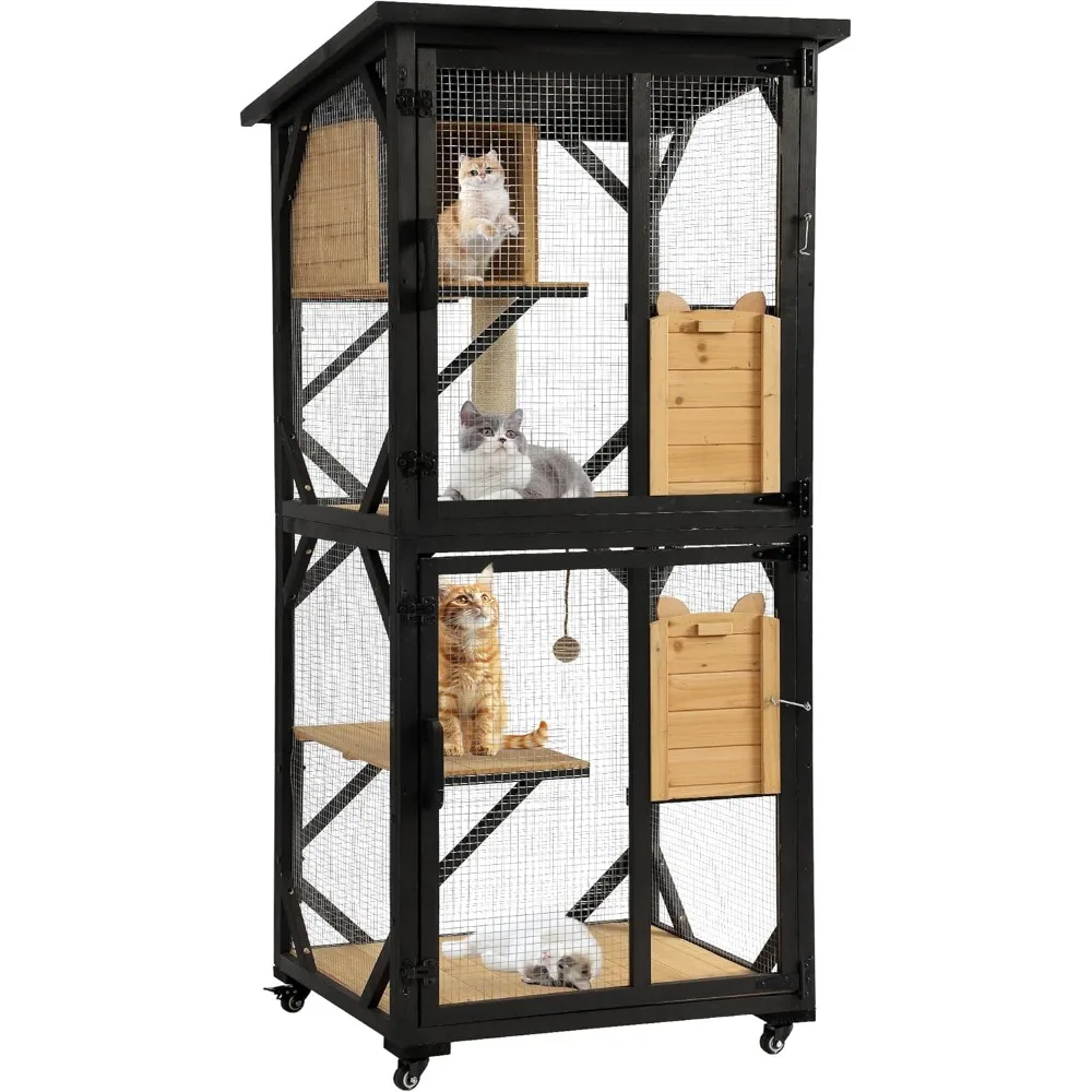 

Outdoor Cat Enclosure Outside Wooden Cat House with Weatherproof Large Cat Cage Condo Outdoor Playpen