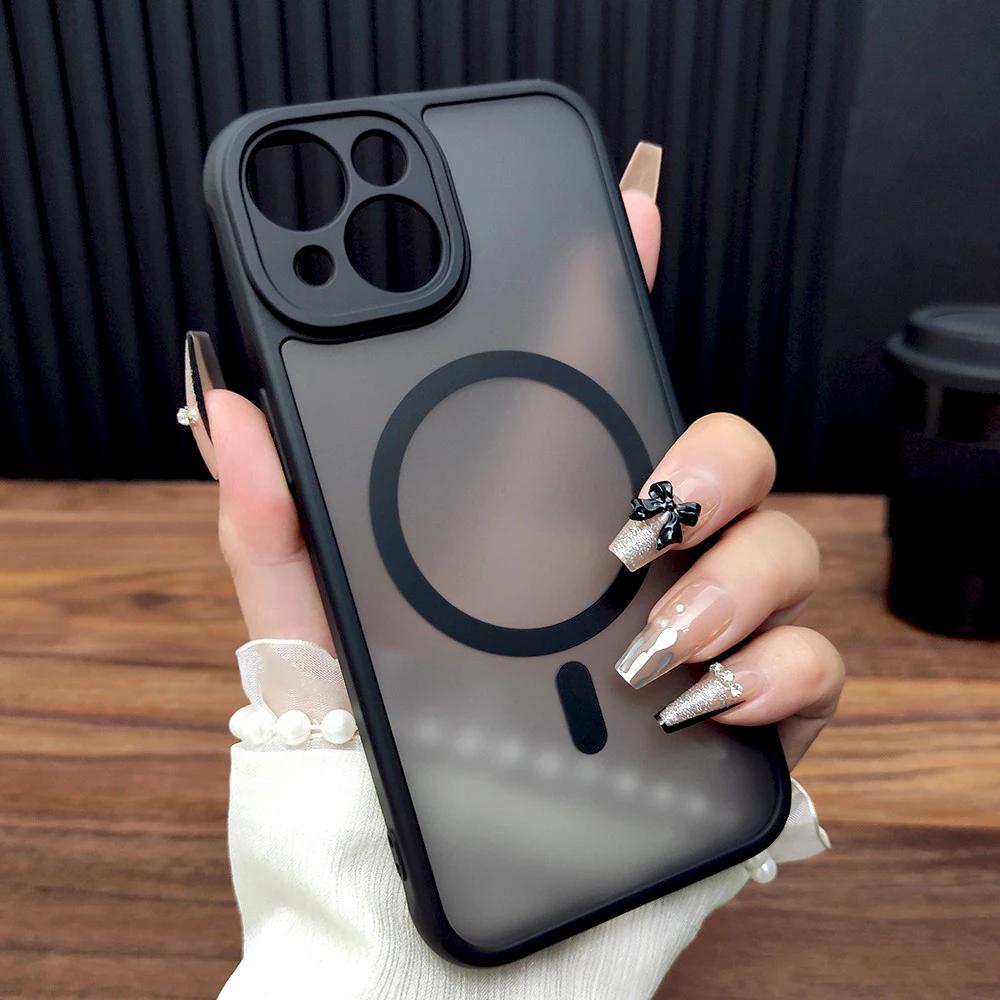 حافظة صلبة فاخرة غير لامعة لهاتف آيفون 16 15 14 13 12 Pro Max 16Pro لهاتف Magsafe Mag Safe شحن لاسلكي مضاد للبصمة غطاء أسود