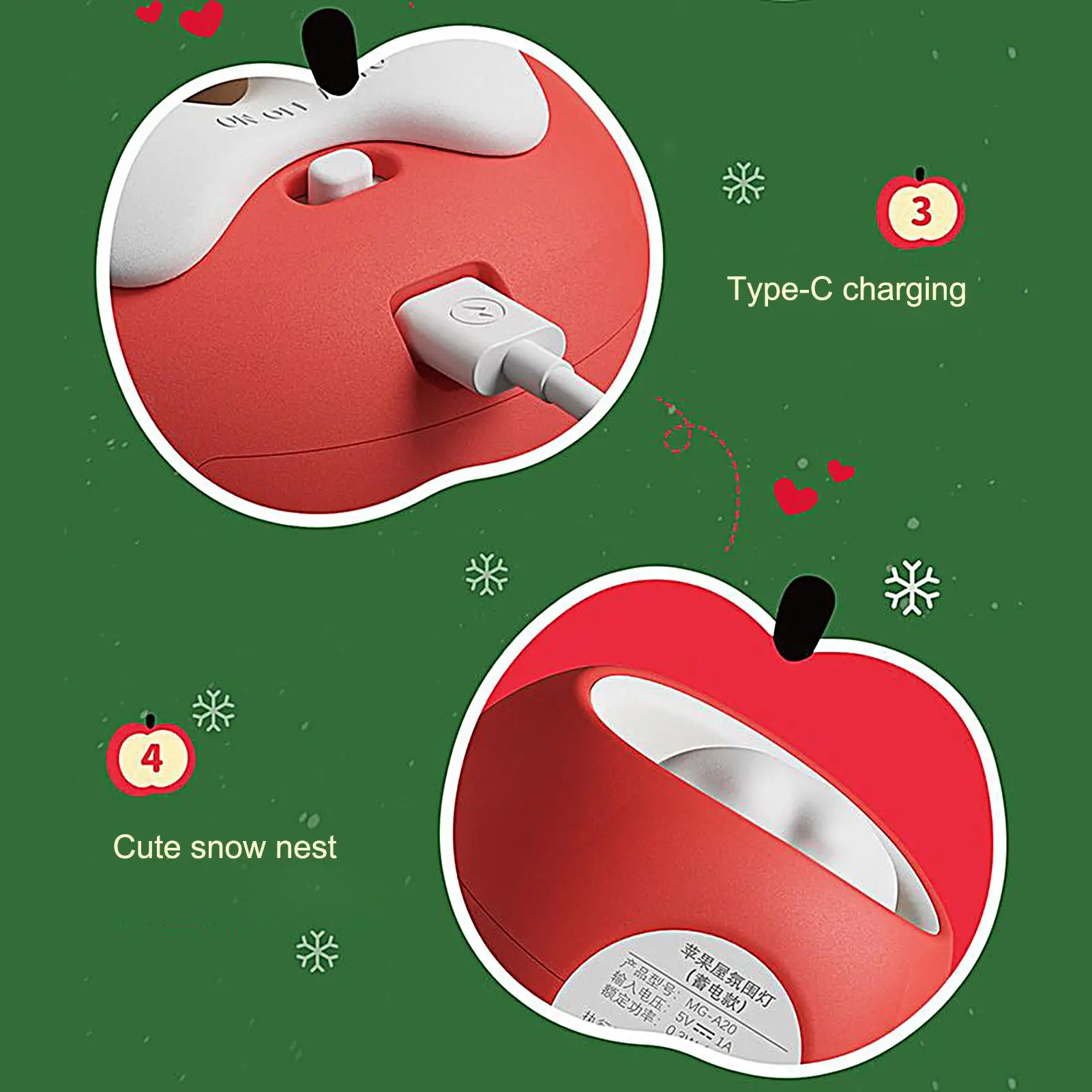 Lanterna notturna di Natale a forma di frutta Decorazioni natalizie Luce notturna Lampada di ricarica USB dimmerabile per le coppie al coperto delle vacanze invernali