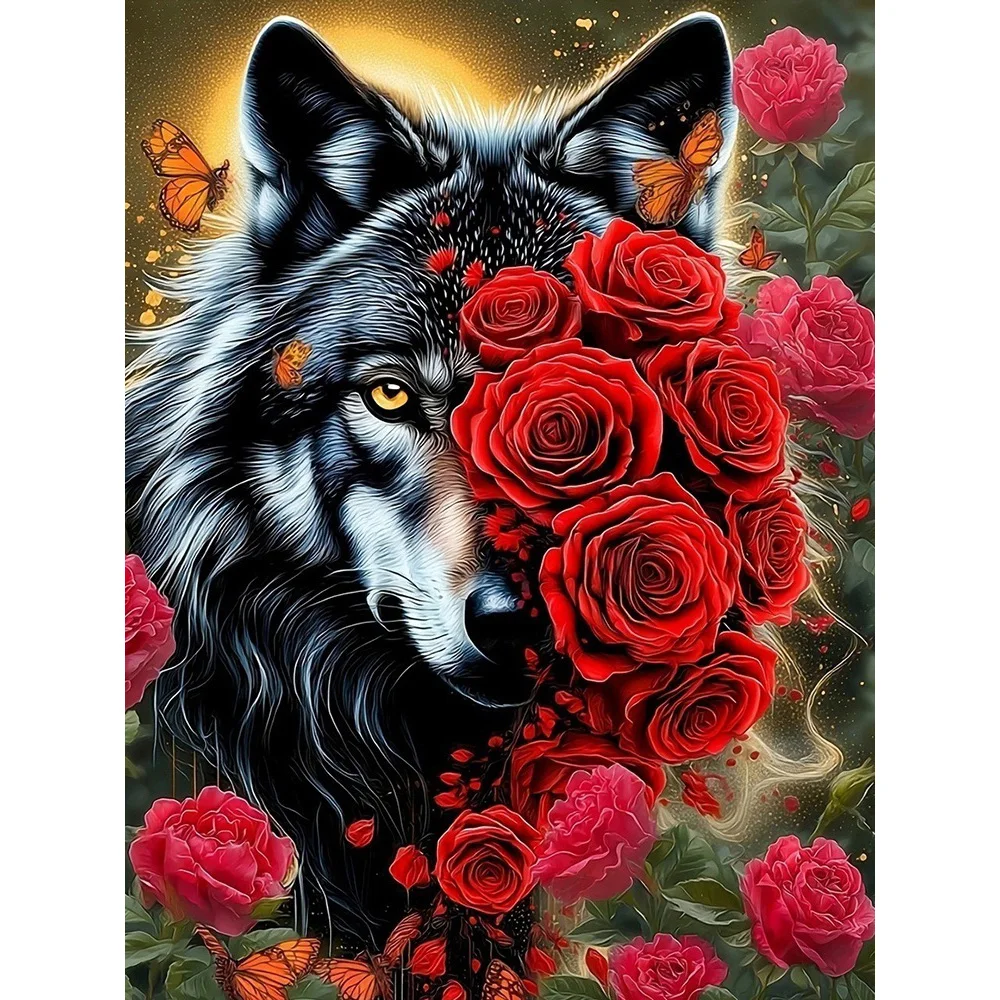 

EverShine Diamond Painting Wolf Rose DIY Full Square Round Drill Embroidery Animal Mosaic Flower Wall Decorations Living Room